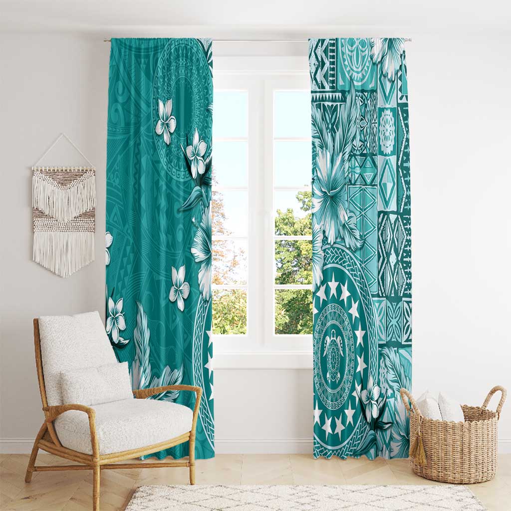 Cook Islands Window Curtain Teal Hibiscus And Stars LT05 - Polynesian Pride