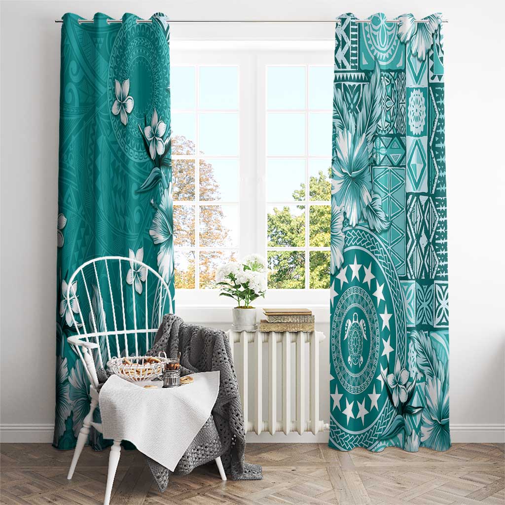 Cook Islands Window Curtain Teal Hibiscus And Stars LT05 - Polynesian Pride