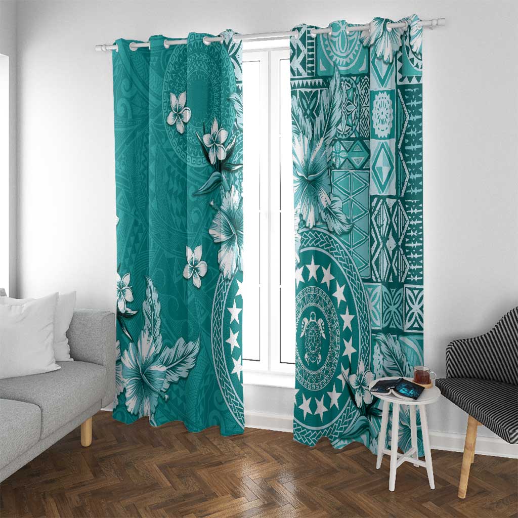Cook Islands Window Curtain Teal Hibiscus And Stars LT05 With Grommets Teal - Polynesian Pride