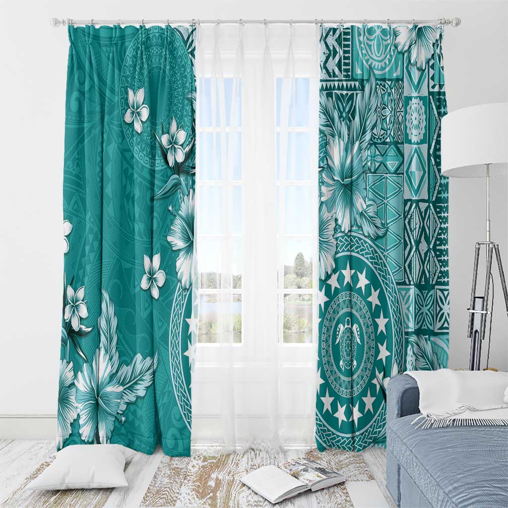 Cook Islands Window Curtain Teal Hibiscus And Stars LT05 - Polynesian Pride