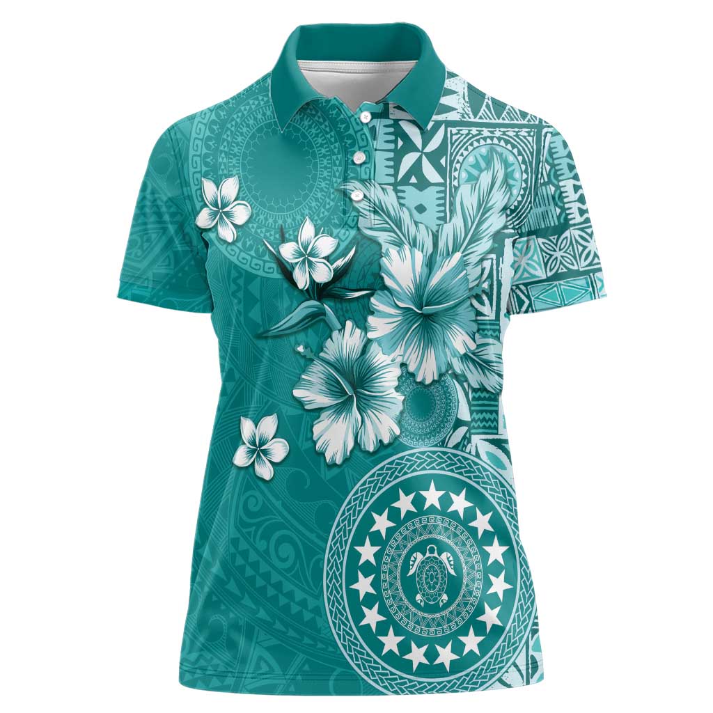 Cook Islands Women Polo Shirt Teal Hibiscus And Stars LT05 Female Teal - Polynesian Pride