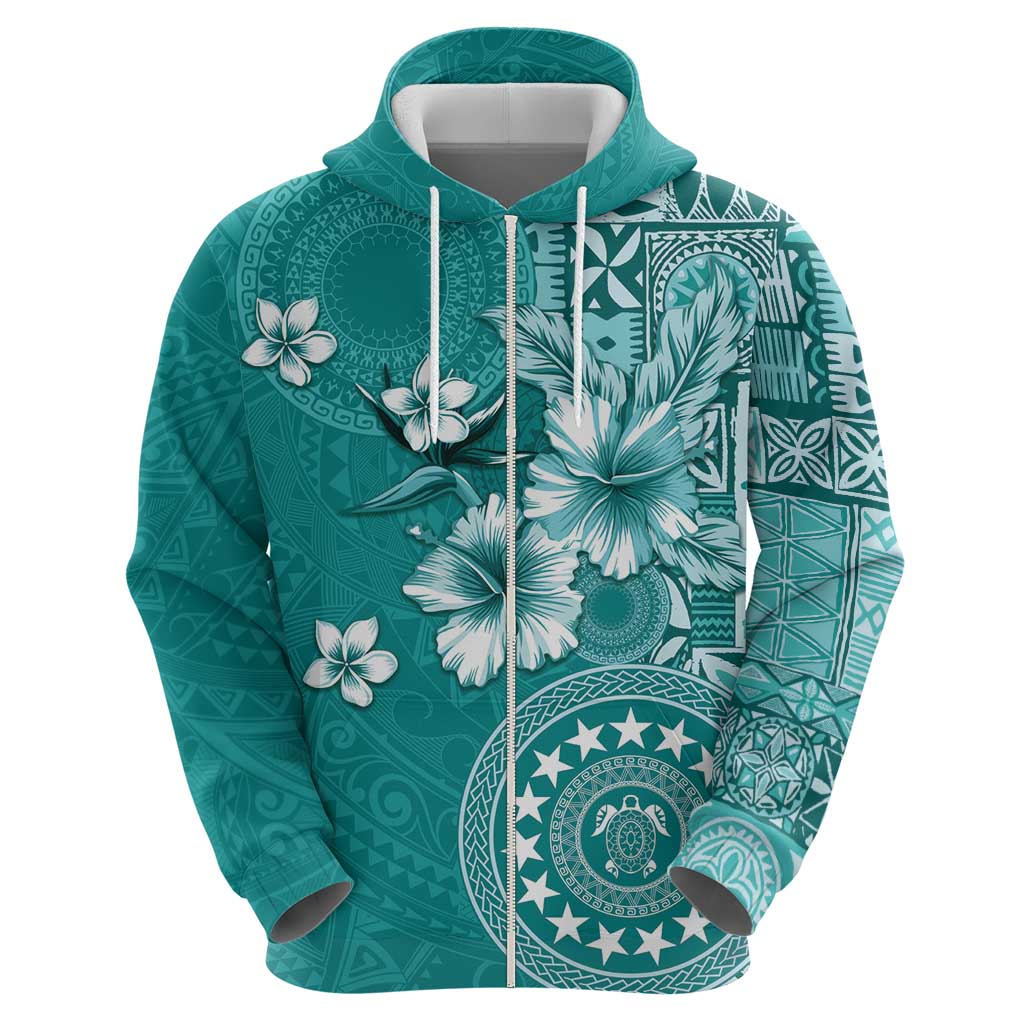 Cook Islands Zip Hoodie Teal Hibiscus And Stars LT05 - Polynesian Pride