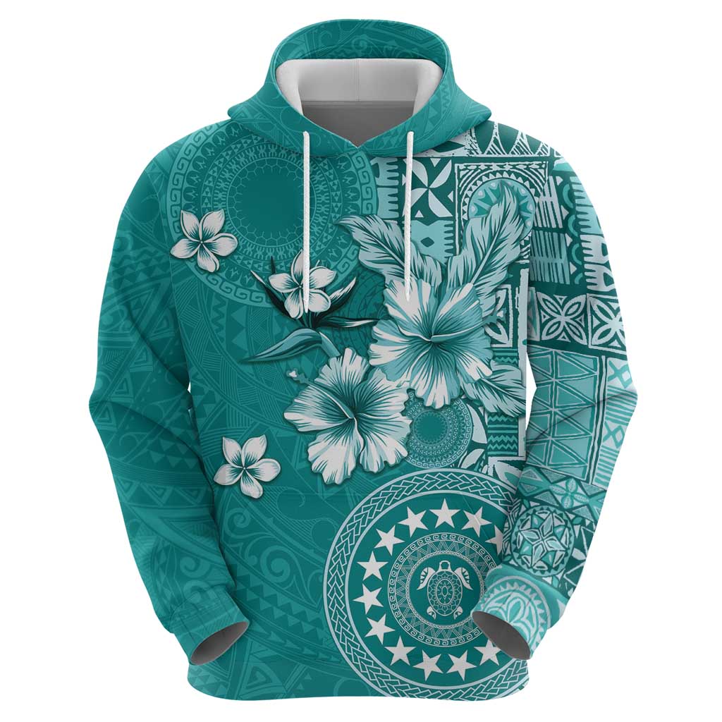 Cook Islands Zip Hoodie Teal Hibiscus And Stars LT05 - Polynesian Pride
