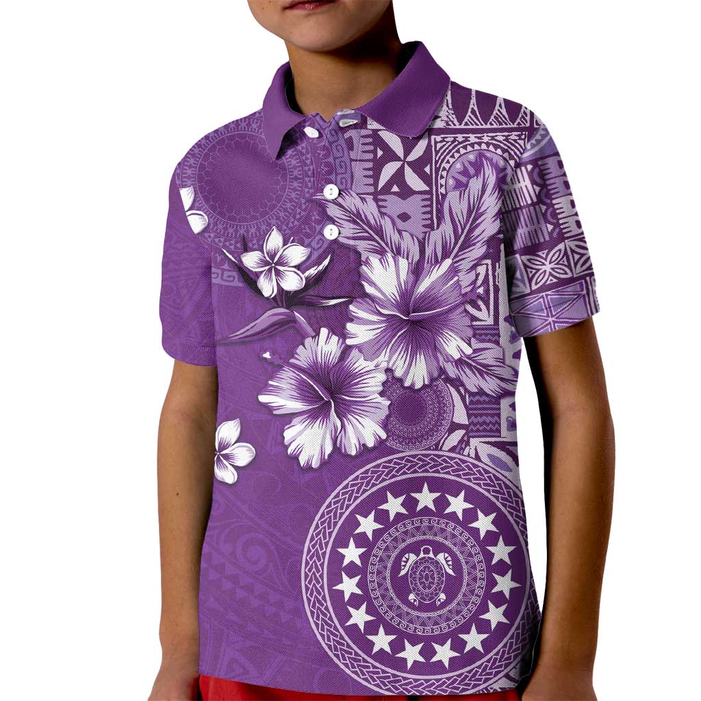 Cook Islands Kid Polo Shirt Purple Hibiscus And Stars LT05 Kid Purple - Polynesian Pride