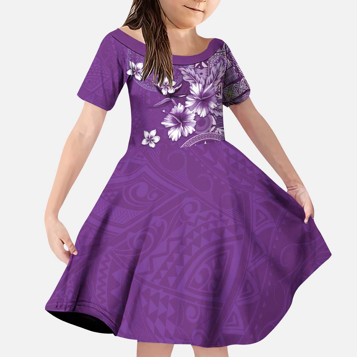 Cook Islands Kid Short Sleeve Dress Purple Hibiscus And Stars LT05 KID Purple - Polynesian Pride
