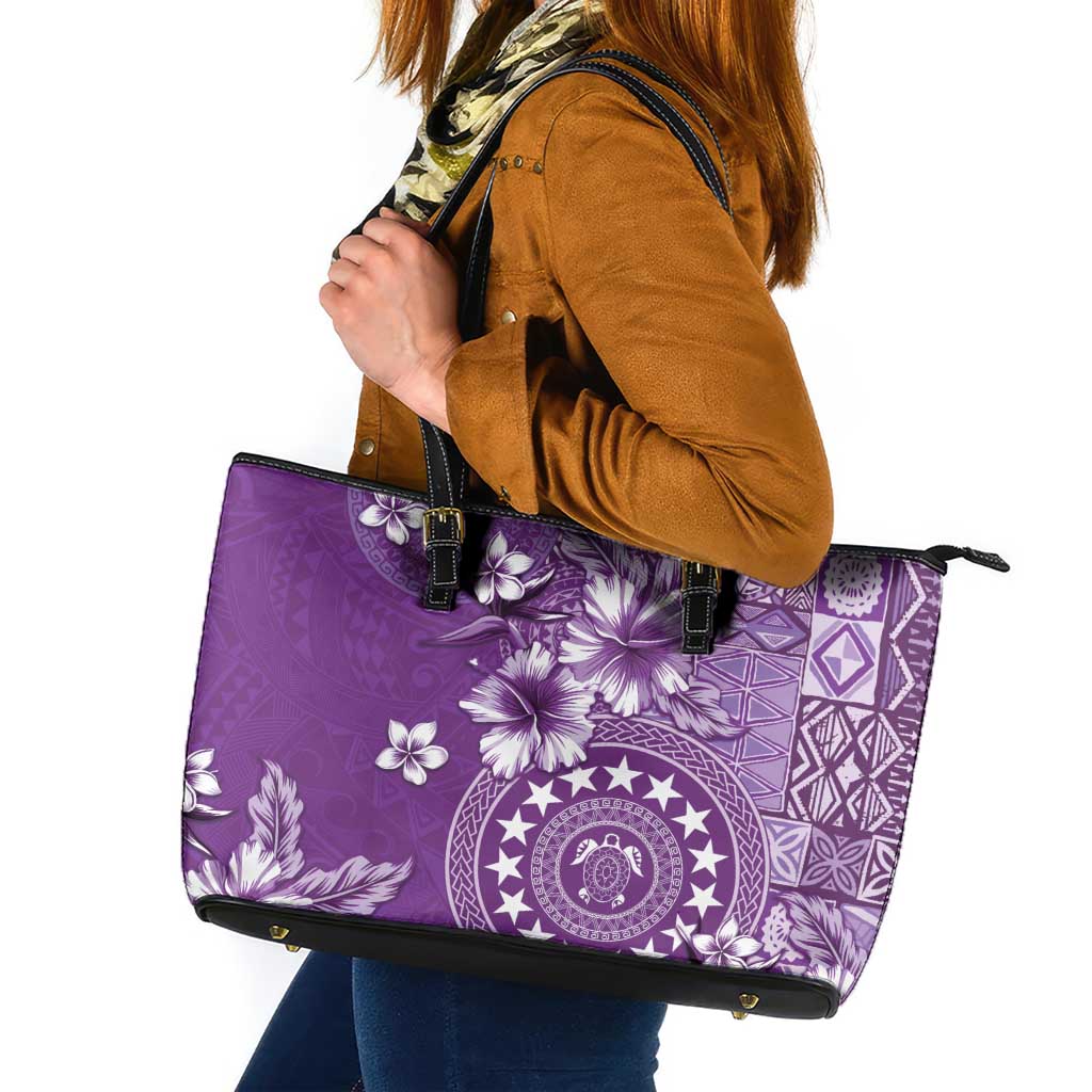 Cook Islands Leather Tote Bag Purple Hibiscus And Stars LT05 Purple - Polynesian Pride