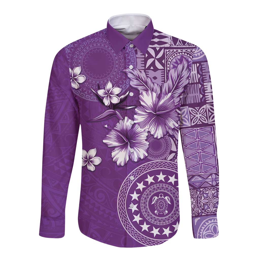 Cook Islands Long Sleeve Button Shirt Purple Hibiscus And Stars LT05 Unisex Purple - Polynesian Pride