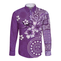 Cook Islands Long Sleeve Button Shirt Purple Hibiscus And Stars LT05 Unisex Purple - Polynesian Pride