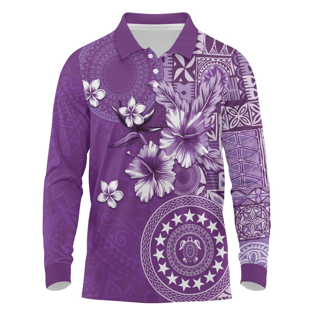 Cook Islands Long Sleeve Polo Shirt Purple Hibiscus And Stars LT05 Purple - Polynesian Pride