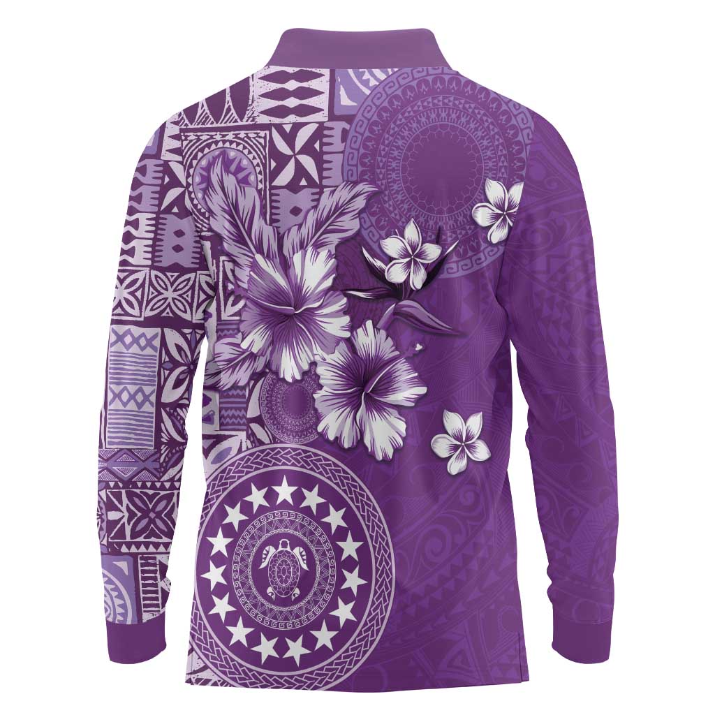 Cook Islands Long Sleeve Polo Shirt Purple Hibiscus And Stars LT05 - Polynesian Pride