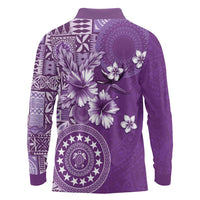 Cook Islands Long Sleeve Polo Shirt Purple Hibiscus And Stars LT05 - Polynesian Pride