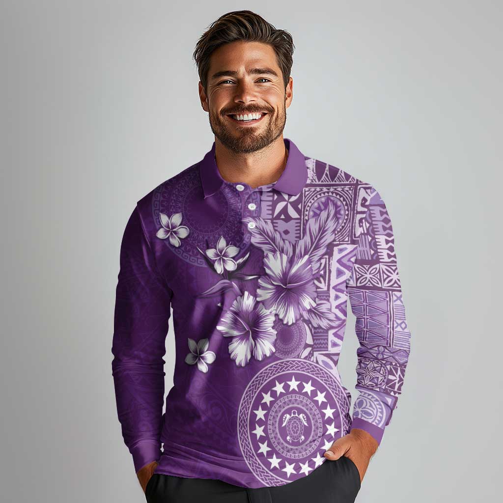 Cook Islands Long Sleeve Polo Shirt Purple Hibiscus And Stars LT05 - Polynesian Pride