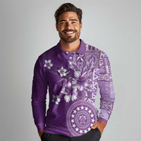Cook Islands Long Sleeve Polo Shirt Purple Hibiscus And Stars LT05 - Polynesian Pride