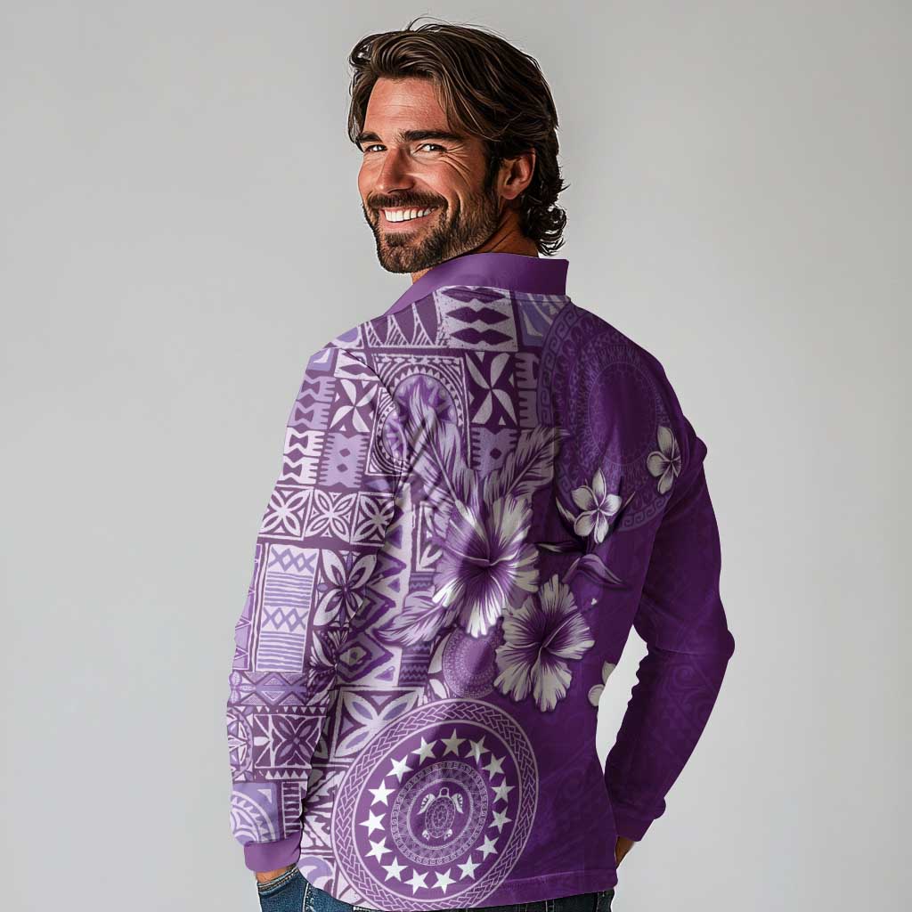 Cook Islands Long Sleeve Polo Shirt Purple Hibiscus And Stars LT05 - Polynesian Pride
