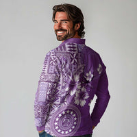 Cook Islands Long Sleeve Polo Shirt Purple Hibiscus And Stars LT05 - Polynesian Pride