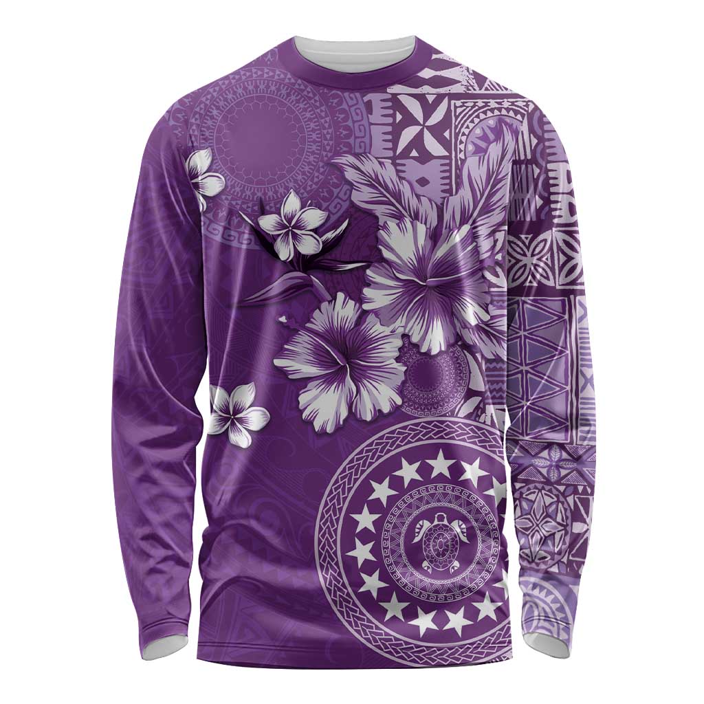Cook Islands Long Sleeve Shirt Purple Hibiscus And Stars LT05 Unisex Purple - Polynesian Pride