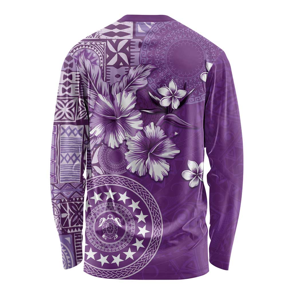 Cook Islands Long Sleeve Shirt Purple Hibiscus And Stars LT05 - Polynesian Pride