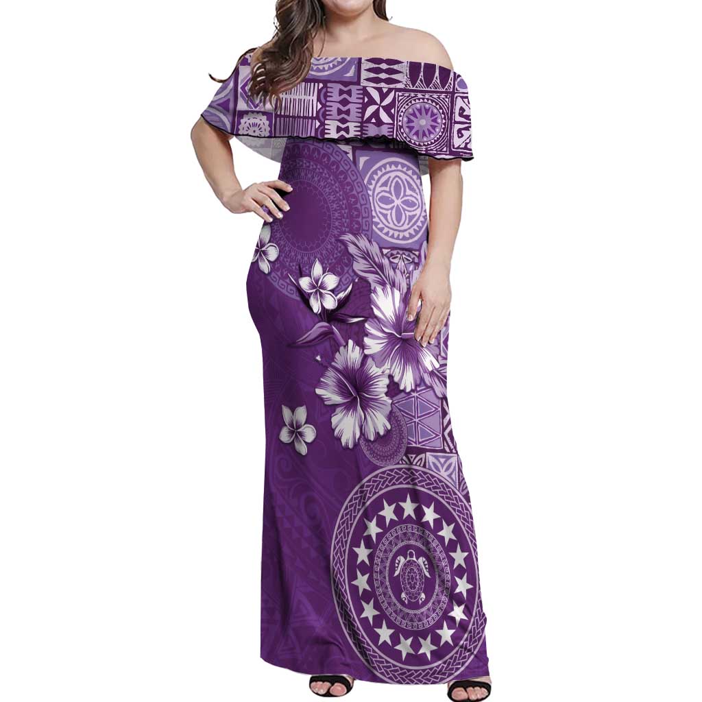 Cook Islands Off Shoulder Maxi Dress Purple Hibiscus And Stars LT05 Women Purple - Polynesian Pride