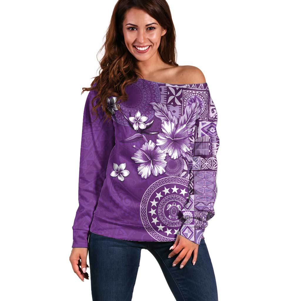 Cook Islands Off Shoulder Sweater Purple Hibiscus And Stars LT05 Women Purple - Polynesian Pride