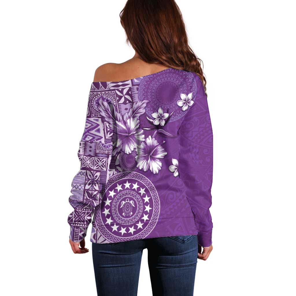 Cook Islands Off Shoulder Sweater Purple Hibiscus And Stars LT05 - Polynesian Pride