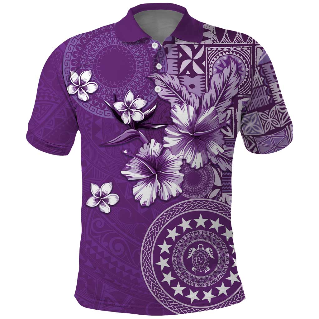 Cook Islands Polo Shirt Purple Hibiscus And Stars LT05 Purple - Polynesian Pride