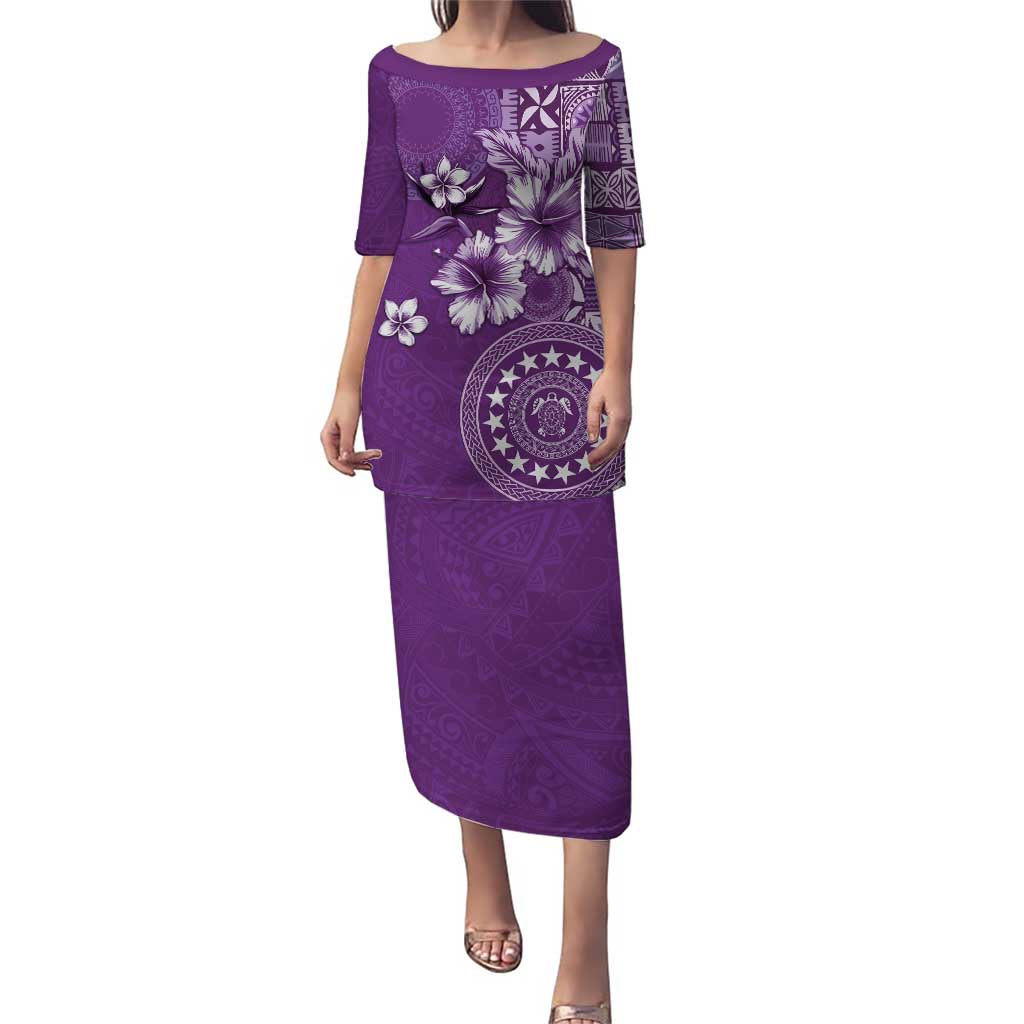 Cook Islands Puletasi Purple Hibiscus And Stars LT05 Long Dress Purple - Polynesian Pride