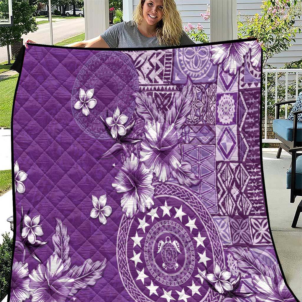 Cook Islands Quilt Purple Hibiscus And Stars LT05 Purple - Polynesian Pride