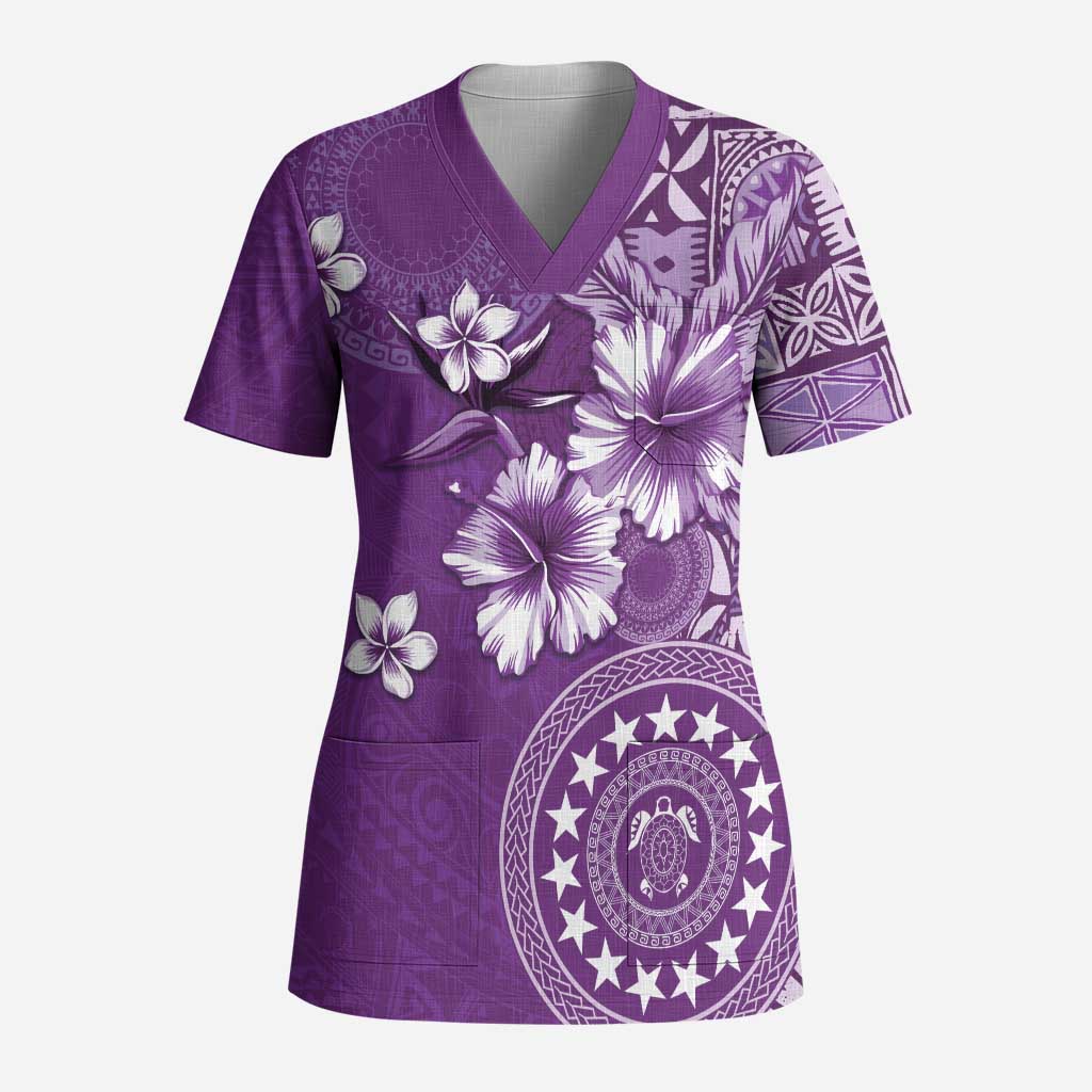 Cook Islands Scrub Top Purple Hibiscus And Stars LT05 Adult Purple - Polynesian Pride