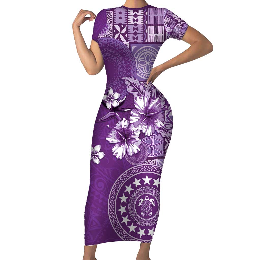 Cook Islands Short Sleeve Bodycon Dress Purple Hibiscus And Stars LT05 Long Dress Purple - Polynesian Pride
