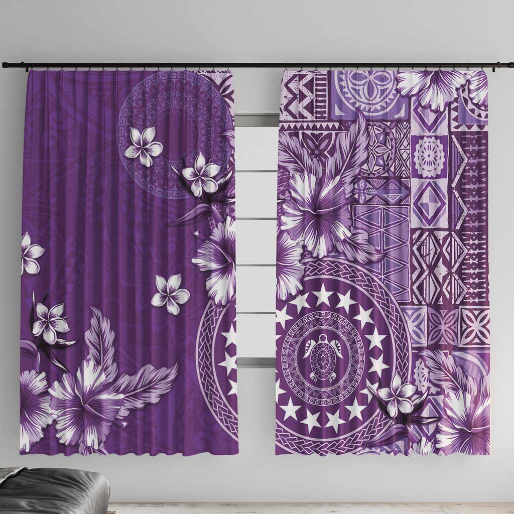 Cook Islands Window Curtain Purple Hibiscus And Stars LT05 With Hooks Purple - Polynesian Pride