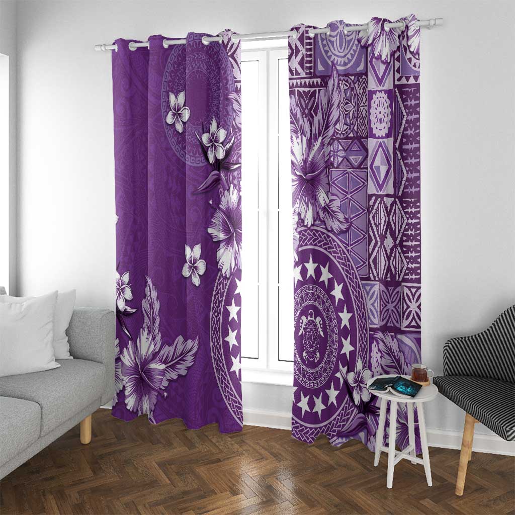 Cook Islands Window Curtain Purple Hibiscus And Stars LT05 With Grommets Purple - Polynesian Pride
