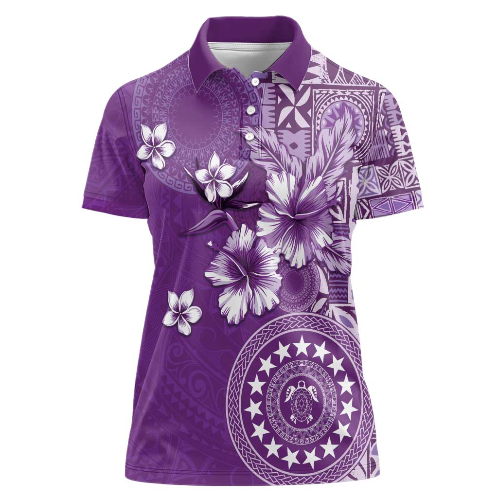Cook Islands Women Polo Shirt Purple Hibiscus And Stars LT05 Female Purple - Polynesian Pride
