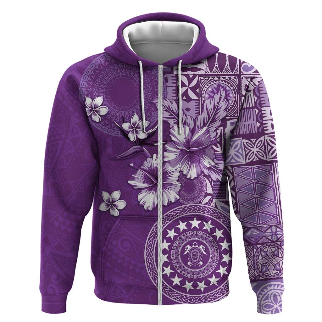 Cook Islands Zip Hoodie Purple Hibiscus And Stars LT05 Zip Hoodie Purple - Polynesian Pride