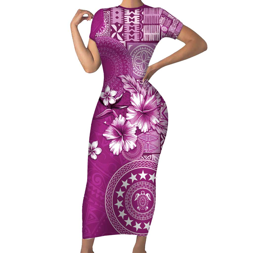 Cook Islands Short Sleeve Bodycon Dress Fandango Hibiscus And Stars LT05 Long Dress Fandango - Polynesian Pride