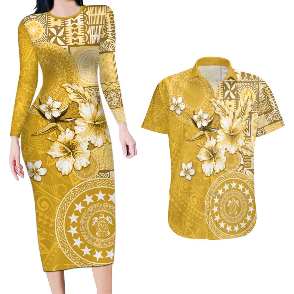 Cook Islands Couples Matching Long Sleeve Bodycon Dress and Hawaiian Shirt Yellow Hibiscus And Stars