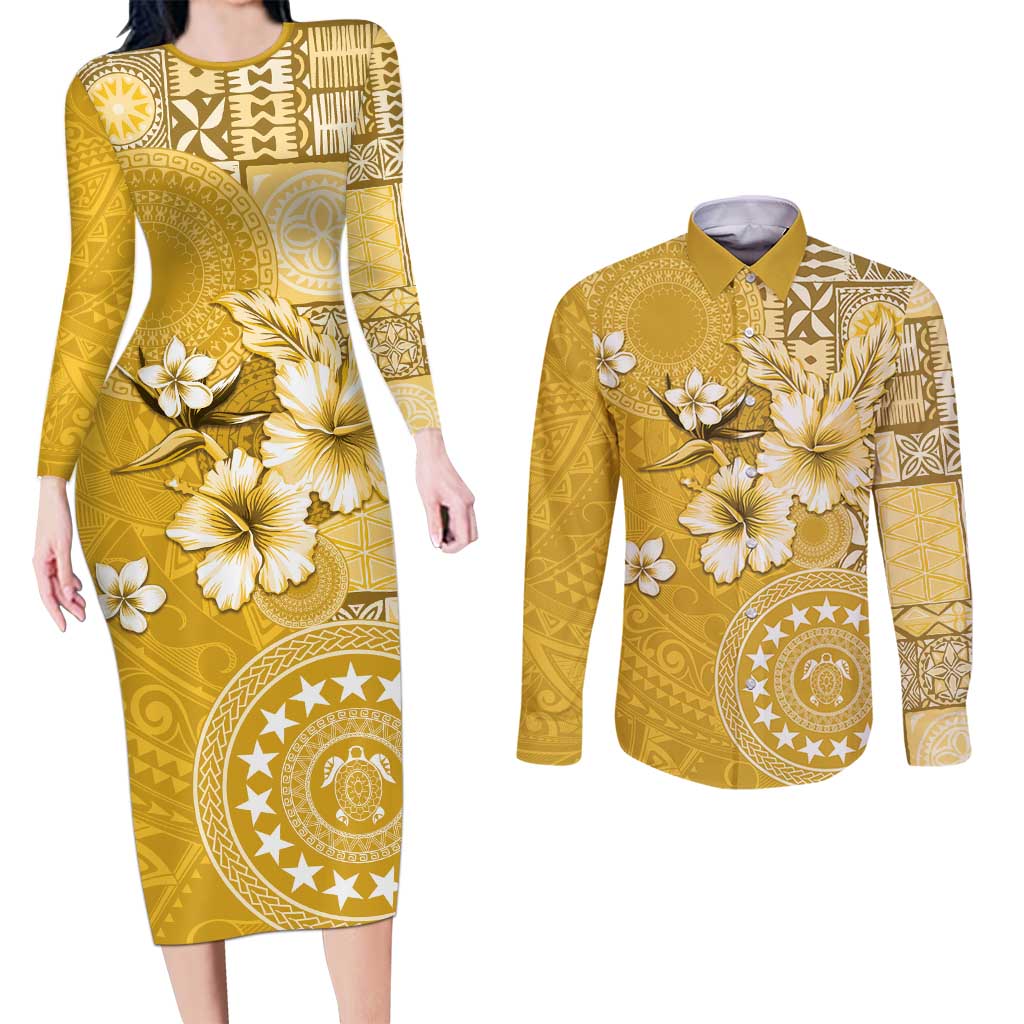 Cook Islands Couples Matching Long Sleeve Bodycon Dress and Long Sleeve Button Shirt Yellow Hibiscus And Stars