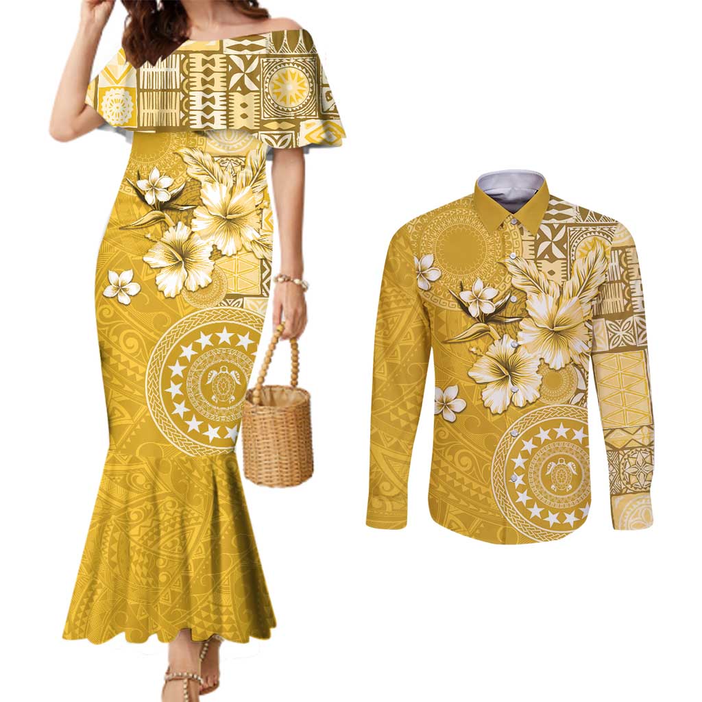 Cook Islands Couples Matching Mermaid Dress and Long Sleeve Button Shirt Yellow Hibiscus And Stars