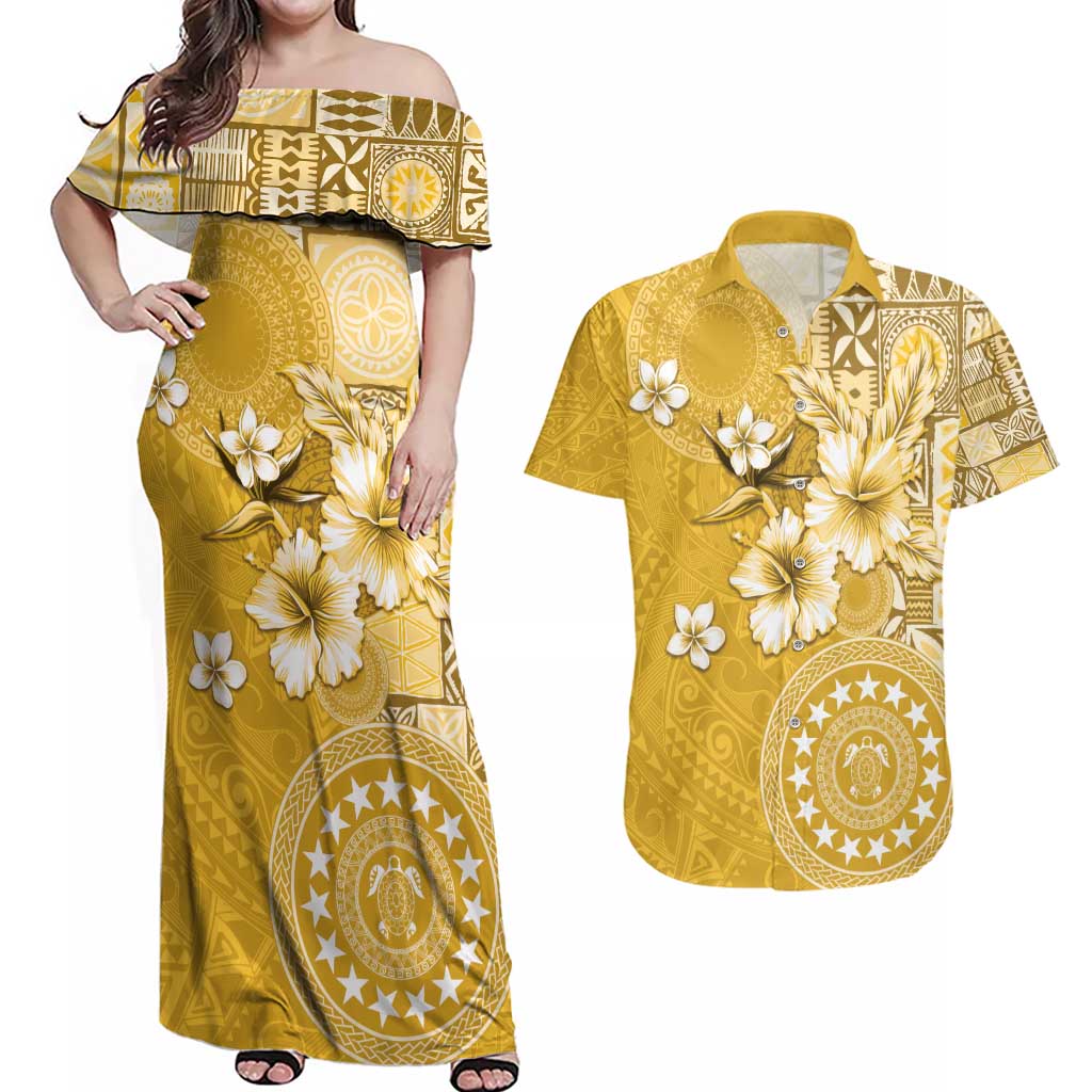 Cook Islands Couples Matching Off Shoulder Maxi Dress and Hawaiian Shirt Yellow Hibiscus And Stars