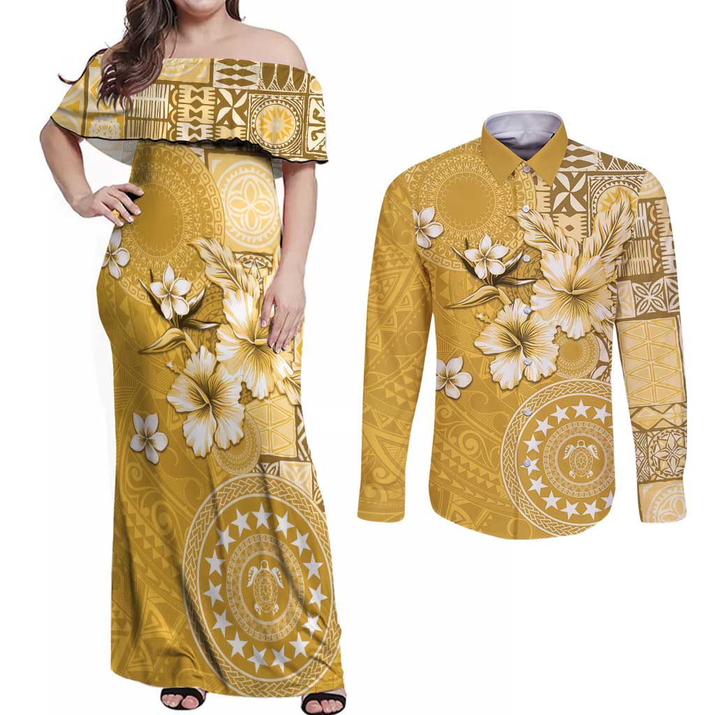 Cook Islands Couples Matching Off Shoulder Maxi Dress and Long Sleeve Button Shirt Yellow Hibiscus And Stars