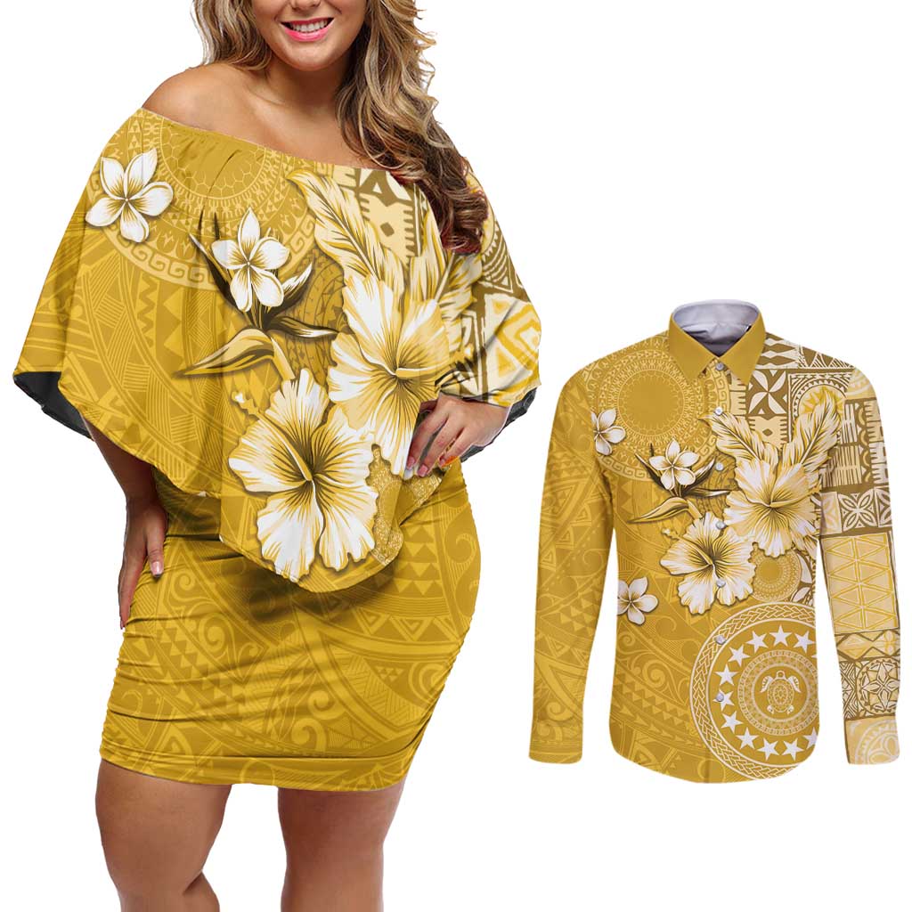 Cook Islands Couples Matching Off Shoulder Short Dress and Long Sleeve Button Shirt Yellow Hibiscus And Stars