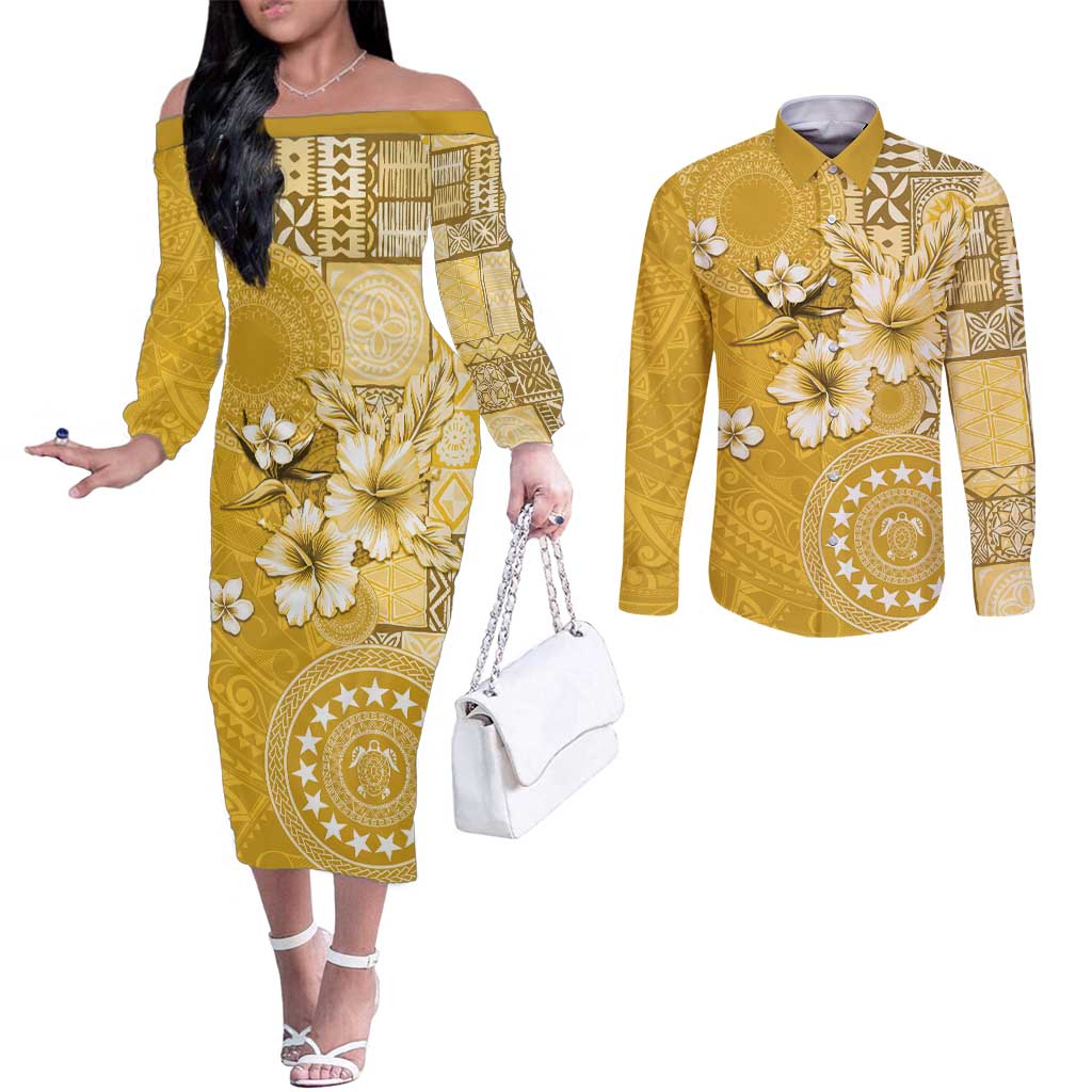 Cook Islands Couples Matching Off The Shoulder Long Sleeve Dress and Long Sleeve Button Shirt Yellow Hibiscus And Stars