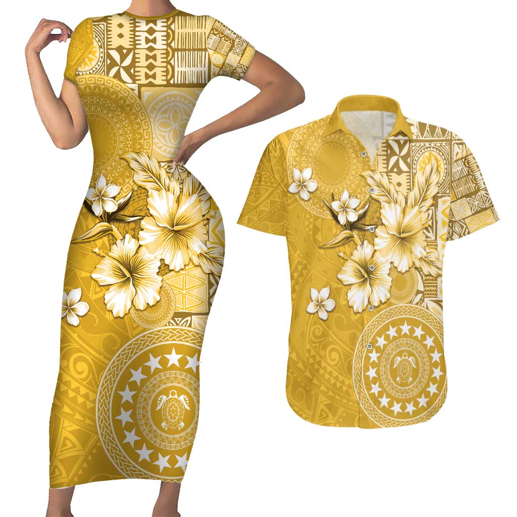 Cook Islands Couples Matching Short Sleeve Bodycon Dress and Hawaiian Shirt Yellow Hibiscus And Stars