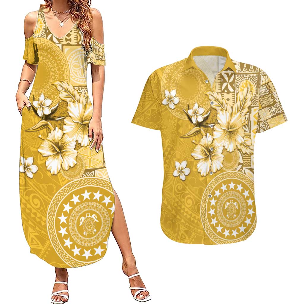 Cook Islands Couples Matching Summer Maxi Dress and Hawaiian Shirt Yellow Hibiscus And Stars