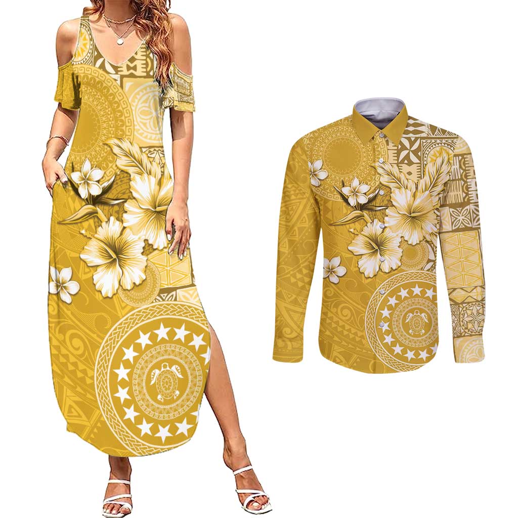 Cook Islands Couples Matching Summer Maxi Dress and Long Sleeve Button Shirt Yellow Hibiscus And Stars