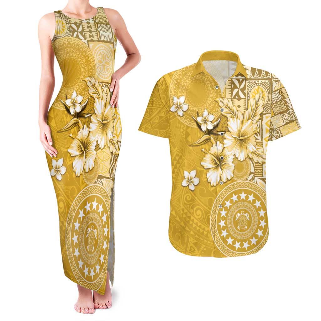 Cook Islands Couples Matching Tank Maxi Dress and Hawaiian Shirt Yellow Hibiscus And Stars