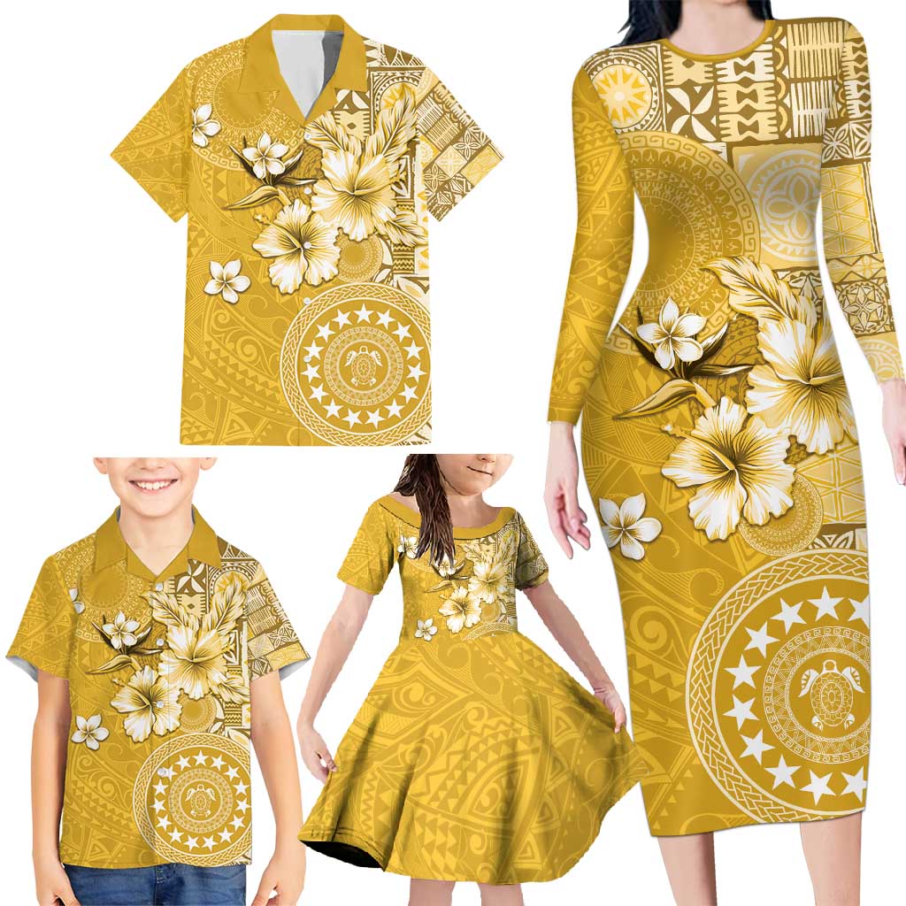 Cook Islands Family Matching Long Sleeve Bodycon Dress and Hawaiian Shirt Yellow Hibiscus And Stars