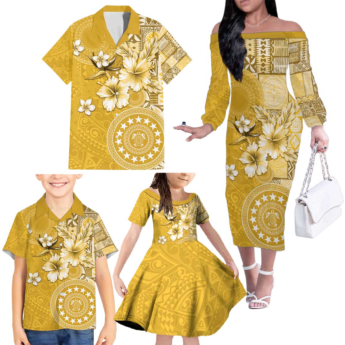 Cook Islands Family Matching Off The Shoulder Long Sleeve Dress and Hawaiian Shirt Yellow Hibiscus And Stars