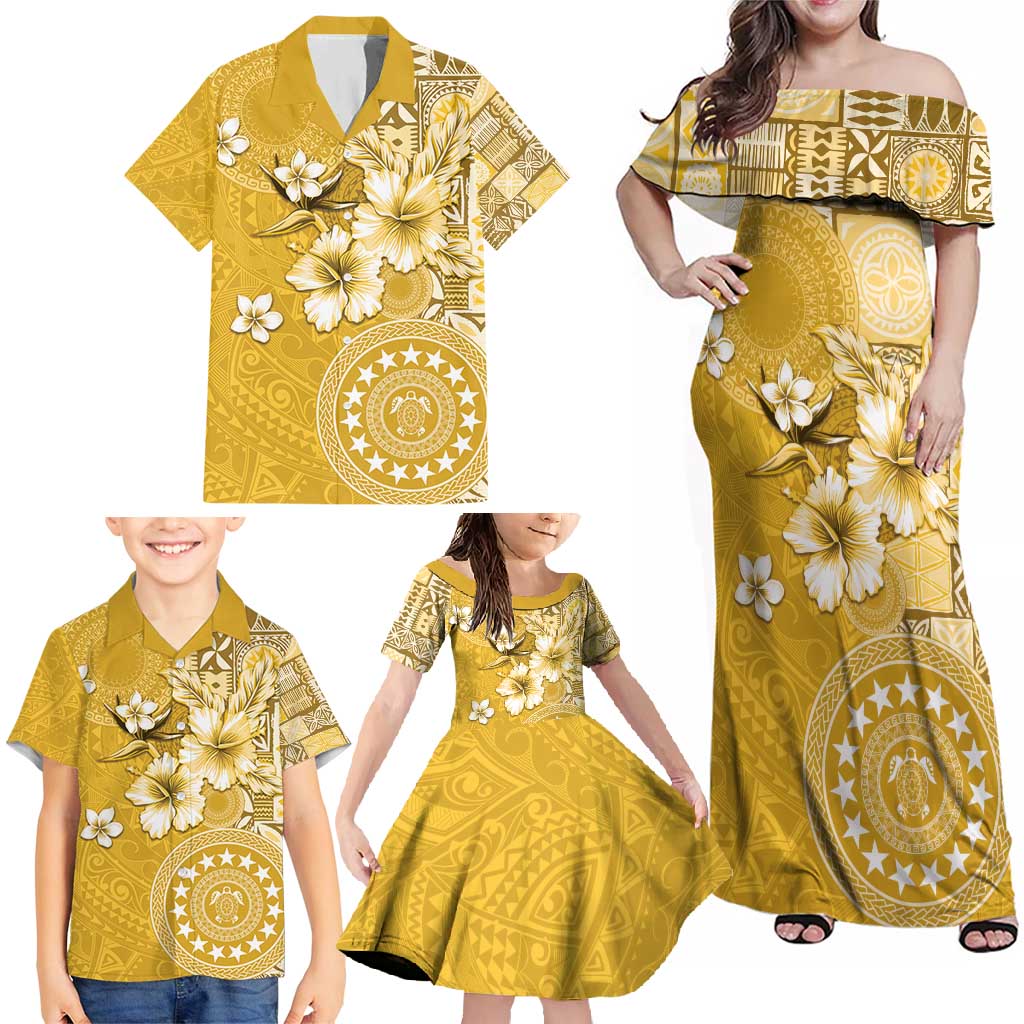 Cook Islands Family Matching Off Shoulder Maxi Dress and Hawaiian Shirt Yellow Hibiscus And Stars