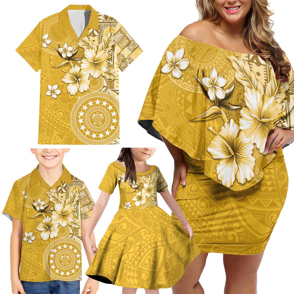 Cook Islands Family Matching Off Shoulder Short Dress and Hawaiian Shirt Yellow Hibiscus And Stars