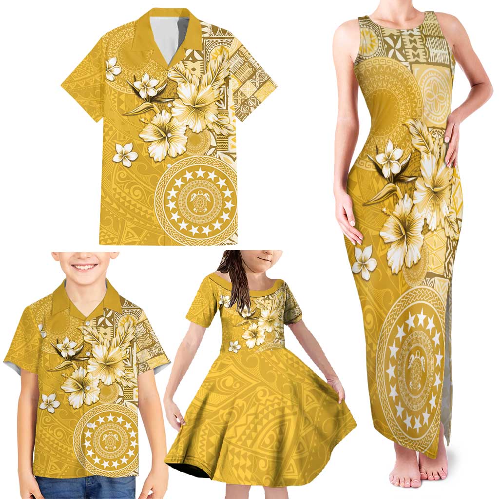 Cook Islands Family Matching Tank Maxi Dress and Hawaiian Shirt Yellow Hibiscus And Stars